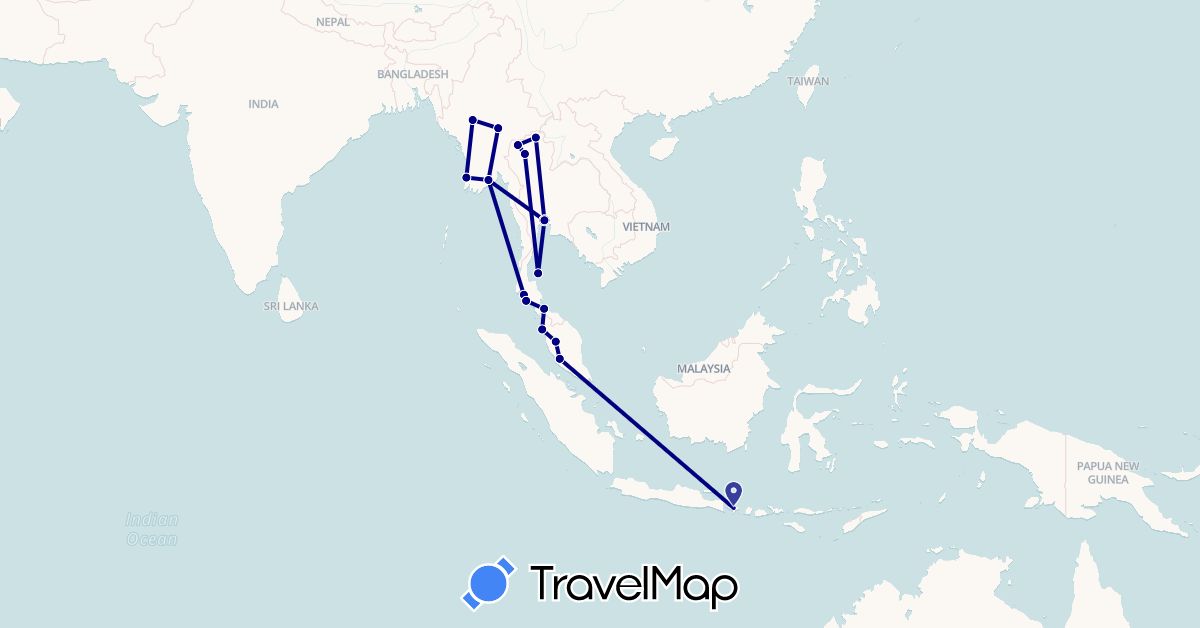 TravelMap itinerary: driving in Indonesia, Myanmar (Burma), Malaysia, Thailand (Asia)